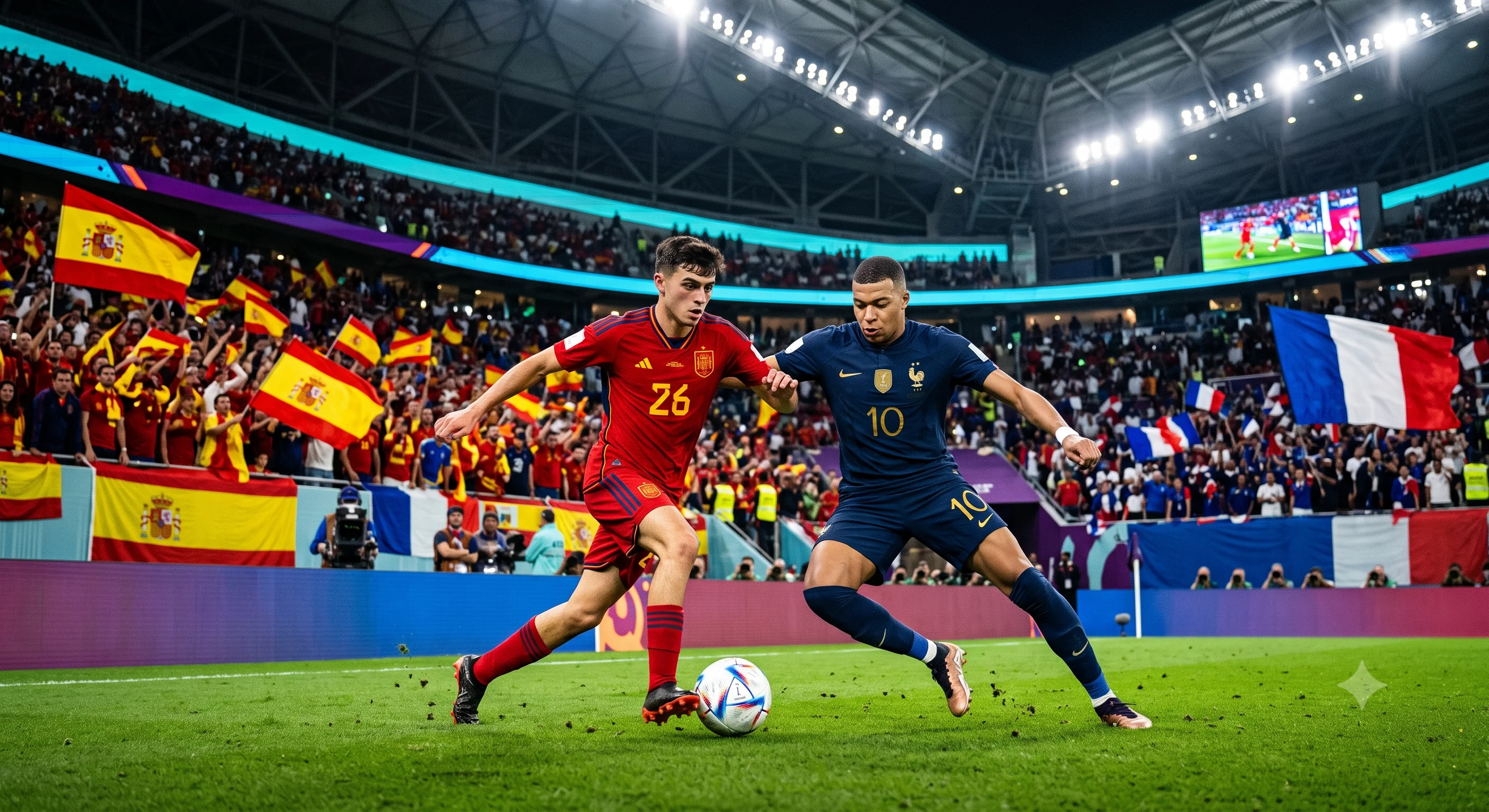 Selecciones de España y Francia enfrentandose en semifinal del Mundial 2026 en el Estadio Dallas